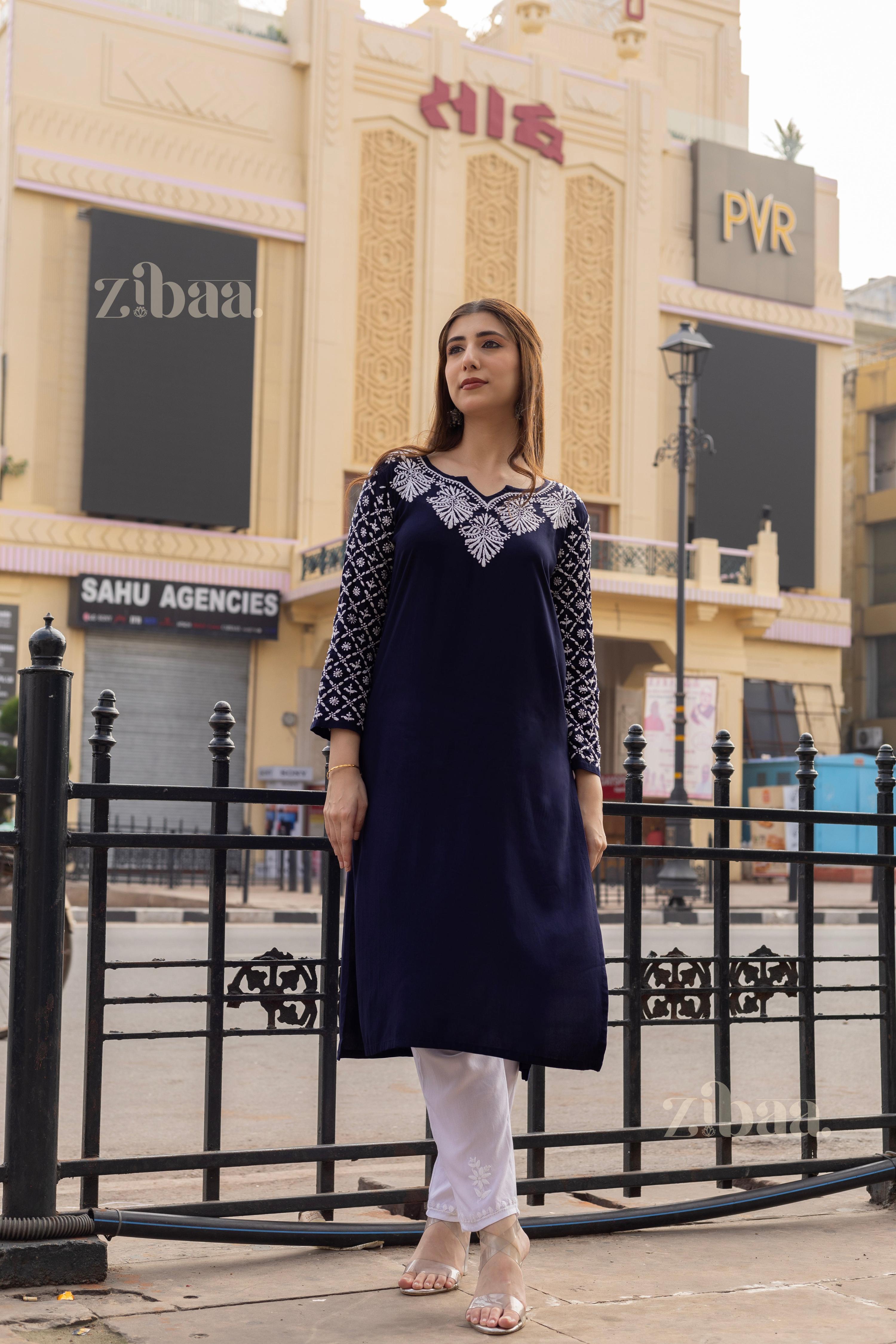 Zibaa Rayon Chikankari Kurti with Jaal work