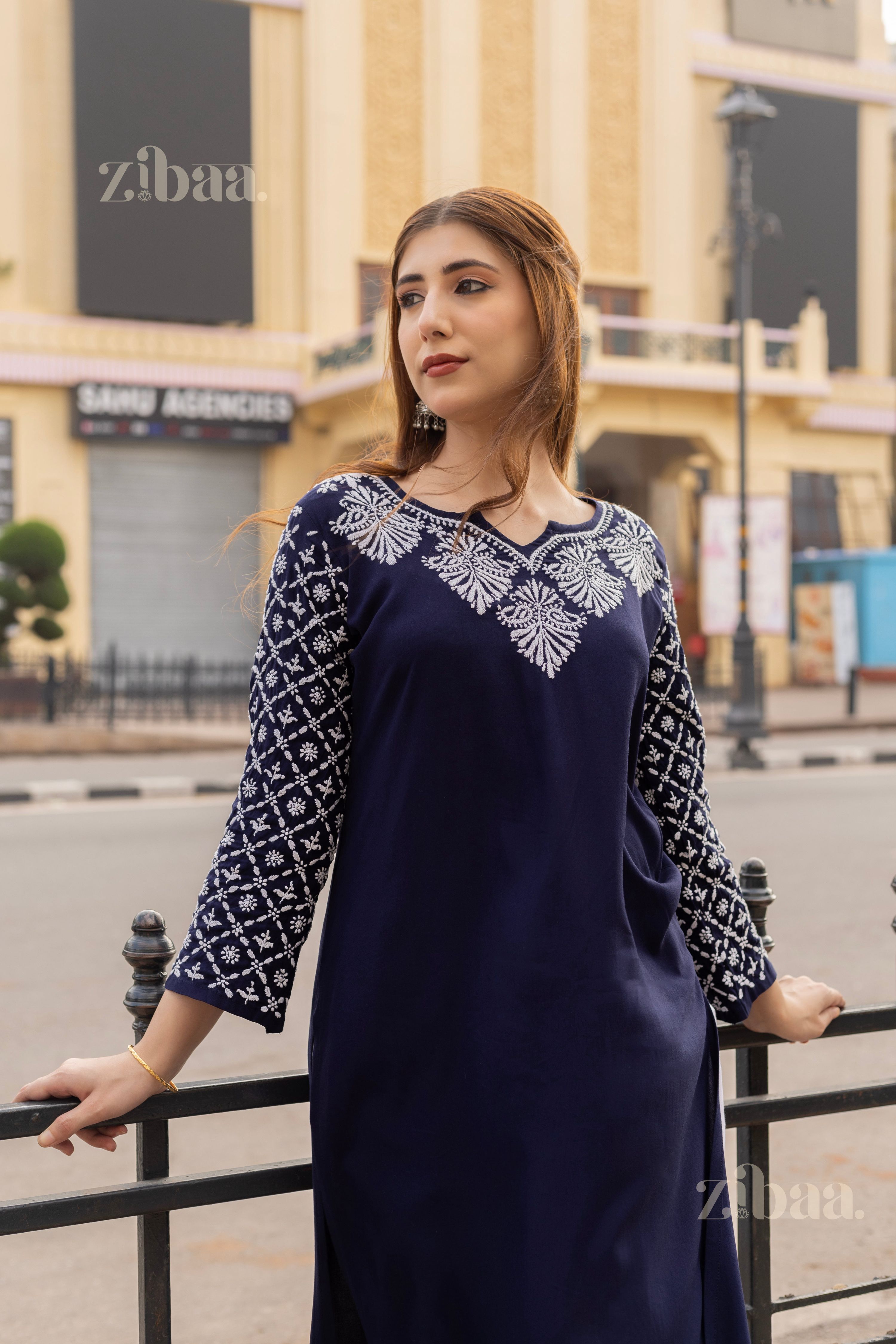 Zibaa Rayon Chikankari Kurti with Jaal work