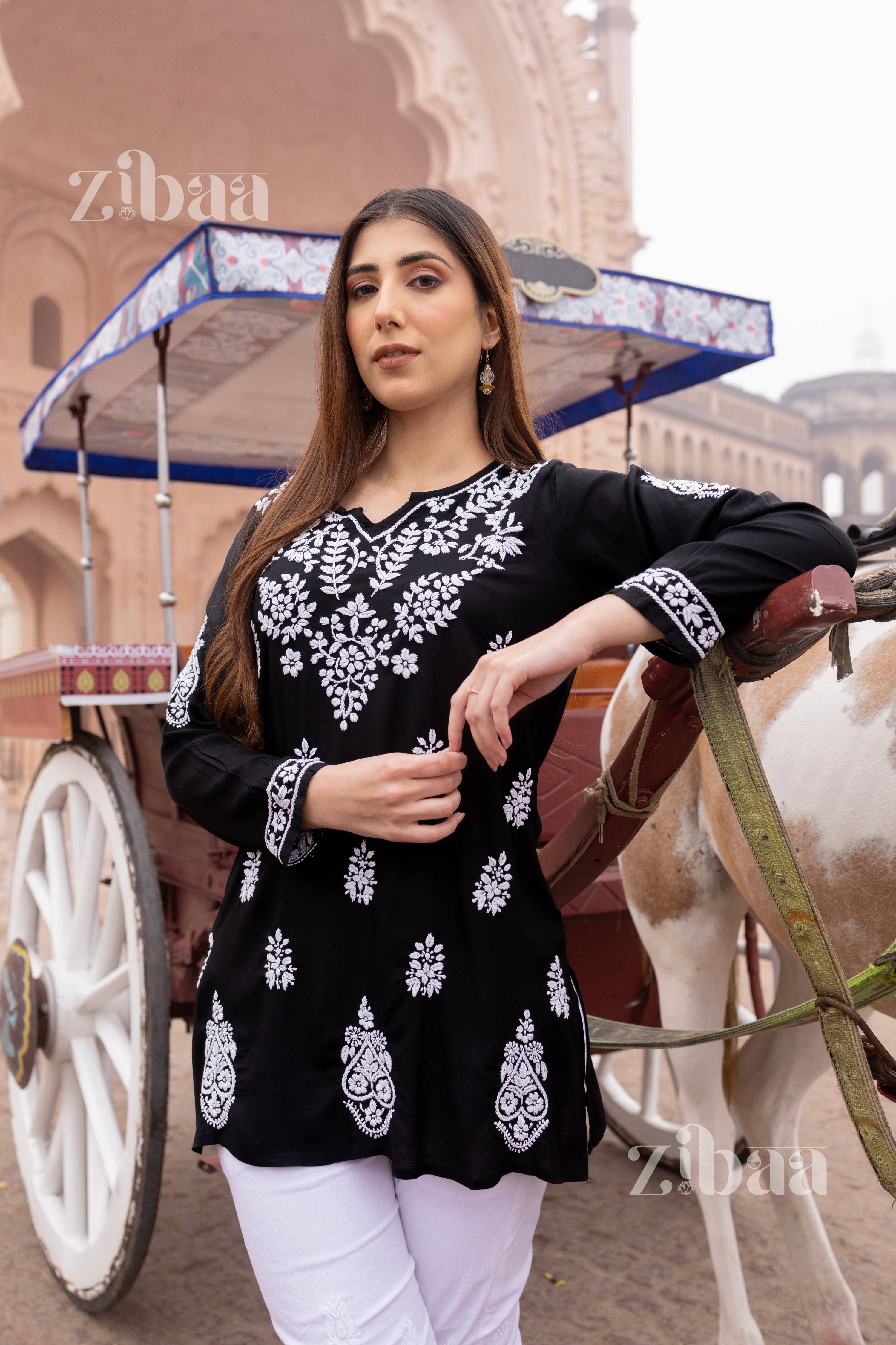 Zibaa Modal Black Short Chikankari Kurti