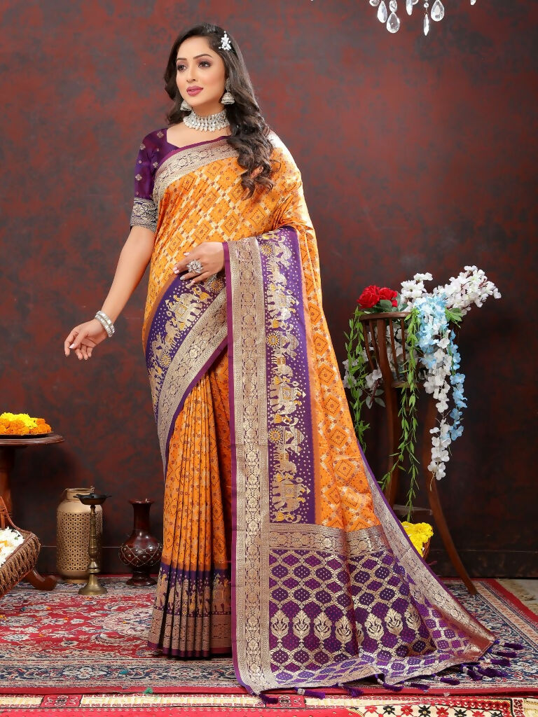 Vastranavya Orange Soft Patola Silk With Meenakari Weaving Motifs And Rich Zari Weaving Pallu Saree With Matching Blouse Fabric - Distacart