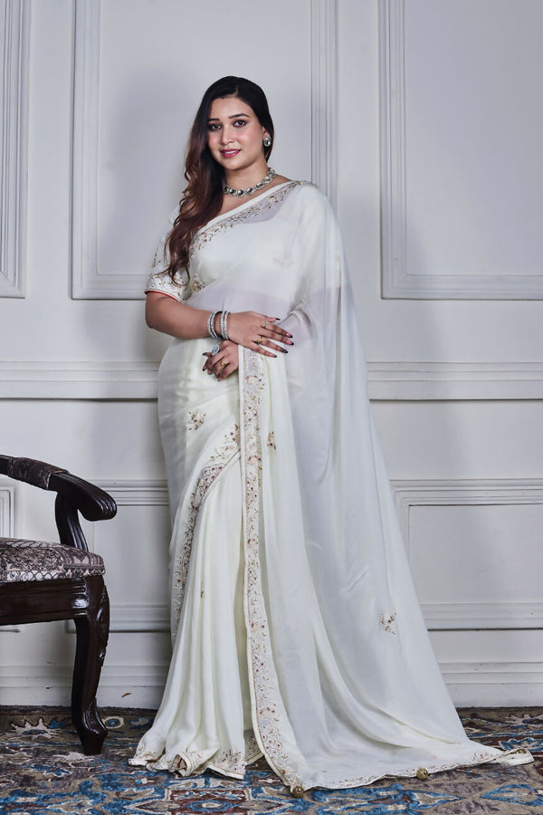 Morchari Off White Chiffon Hand Embroidery Saree Stitched Blouse