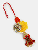 Thumbnail for NVR Women & Men Set of 2 Red & Gold-Toned Stone-Studded & Beaded Bhaiya Bhabhi Rakhi With Roli Chawal & Chocolate - Distacart