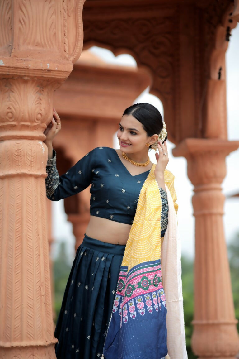 Vastranavya Navaratri Collection Myra Silk Lehenga & Blouse With Maslin Crochet Printed Dupatta Set - Turquoise - Distacart