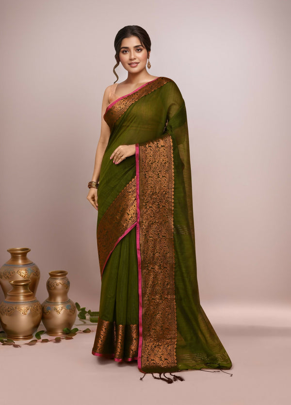 Joban Fashion Mehndi Green Cotton Blend Handloom Saree