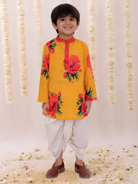 Lil Drama Genda Phool Mustard Kurta and White Dhoti Set for Boys