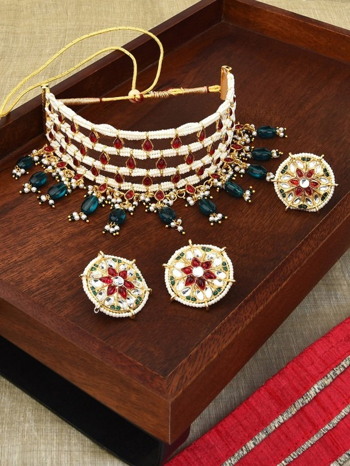 Jewel City Gold-Plated Kundan Choker Necklace Set with Green Beads & Statement Ring – Traditional Indian Jewelry for Women