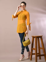 Thumbnail for Myshka Women's Yellow Solid Georgette Longline Party Sheer Tunic - Distacart