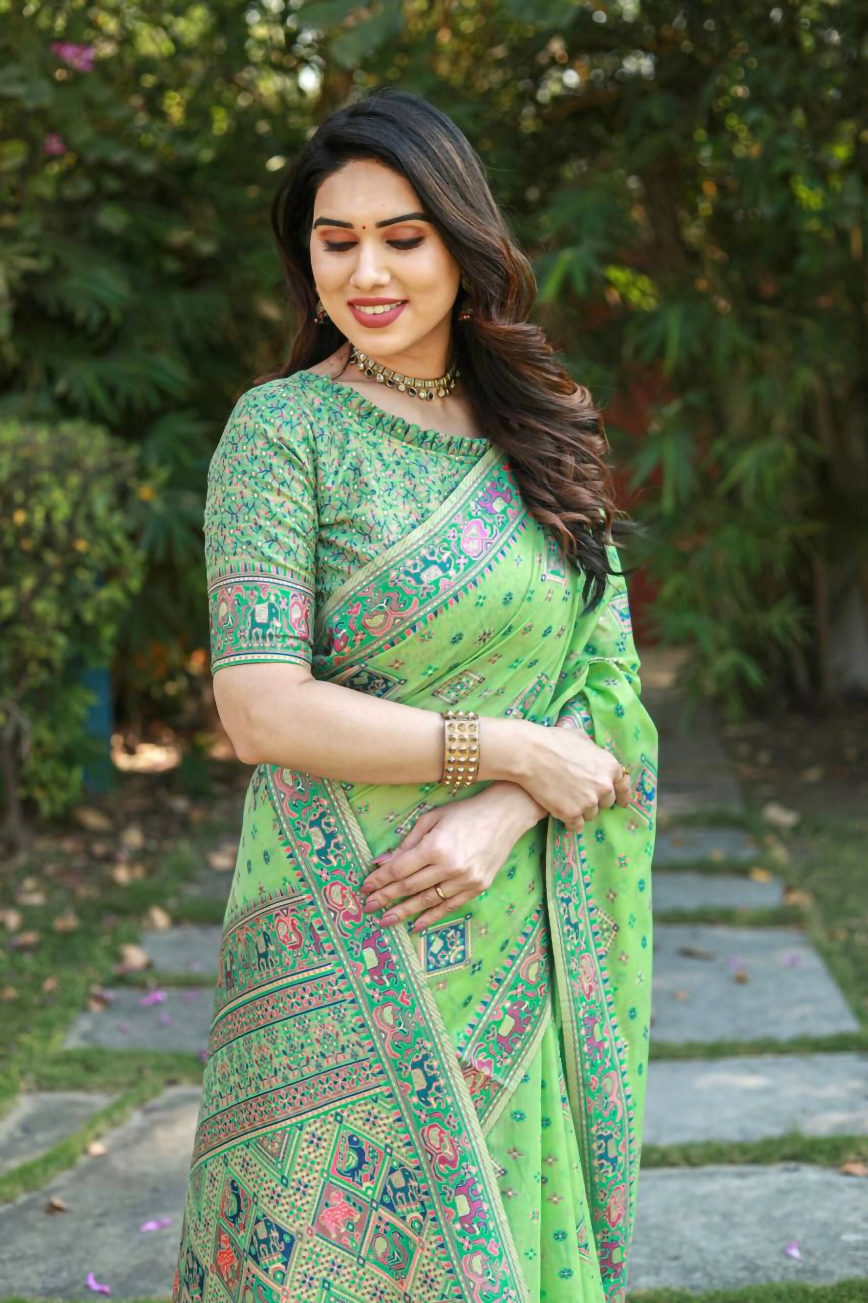 Vastranavya Luxury and Beautiful Soft, Smooth, Flowing Original Pashmina Soft Cotton Saree with Matching Blouse Fabric - Pista - Distacart