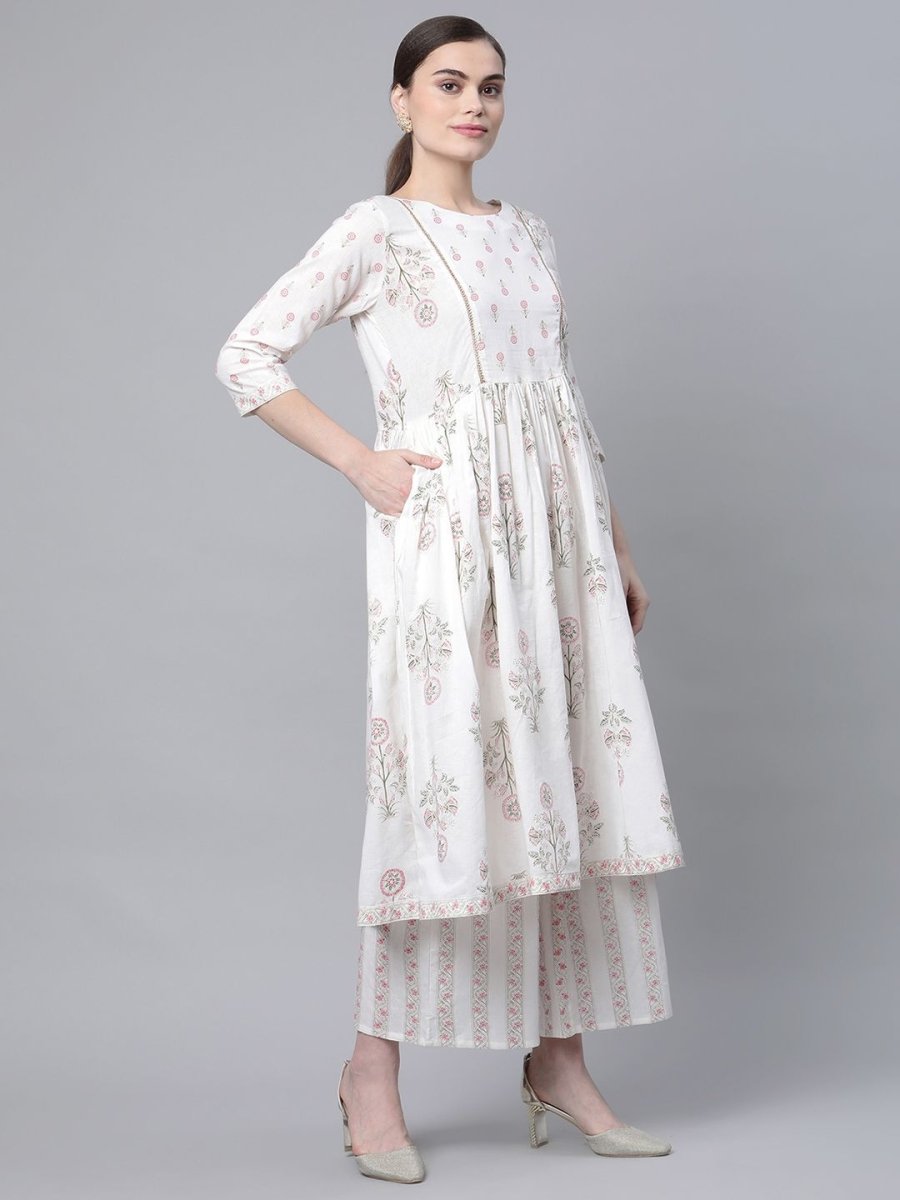 Ahalyaa Women's Off White Pure Cotton Printed Kurta Palazzo Set