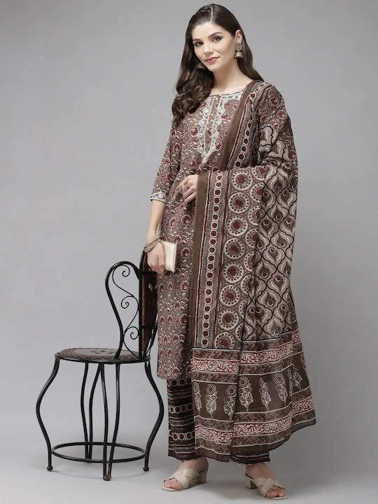 Anubhutee Brown & Maroon Printed Pure Cotton Kurta with Trousers & Dupatta - Distacart