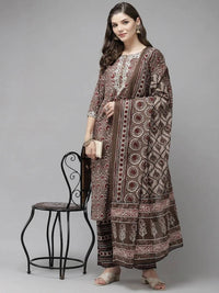 Thumbnail for Anubhutee Brown & Maroon Printed Pure Cotton Kurta with Trousers & Dupatta - Distacart