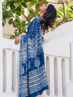 Thumbnail for Zibaa Hand-Blocked Pure Mul Cotton Indigo Saree