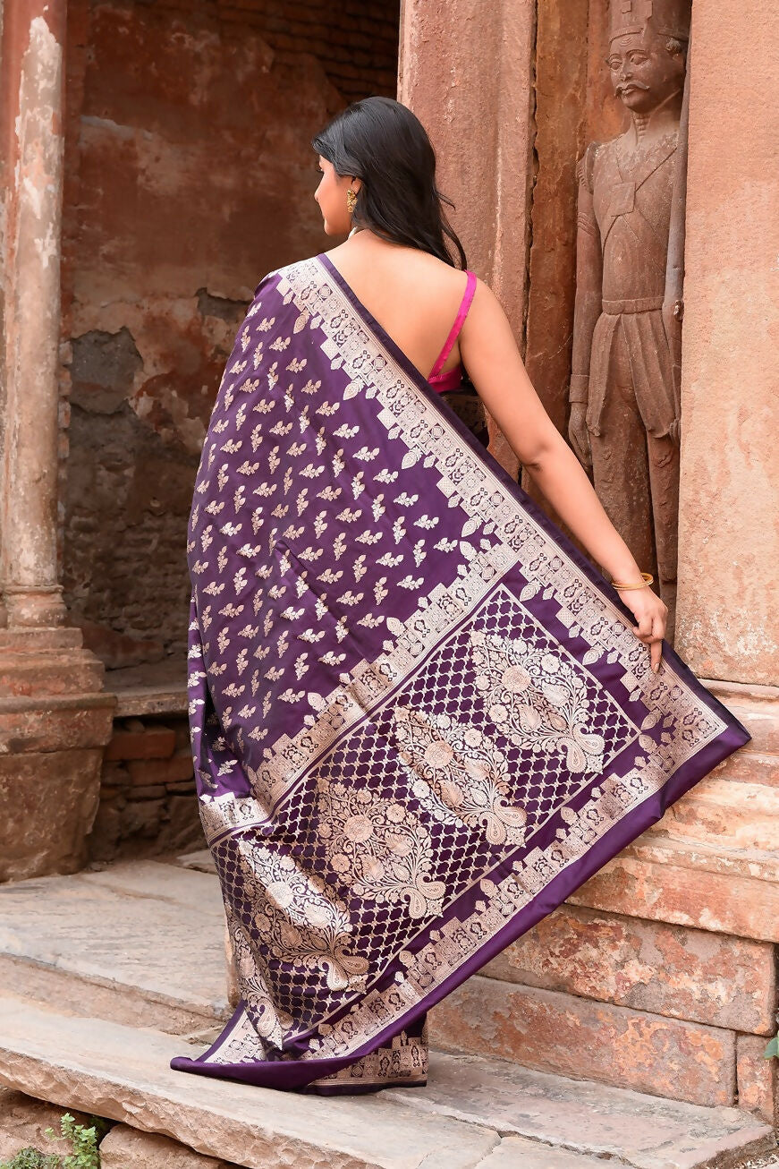 Joban Fashion Plum Purple Hand Woven & Zari Work Katan Pure Handloom Banarasi Silk Saree