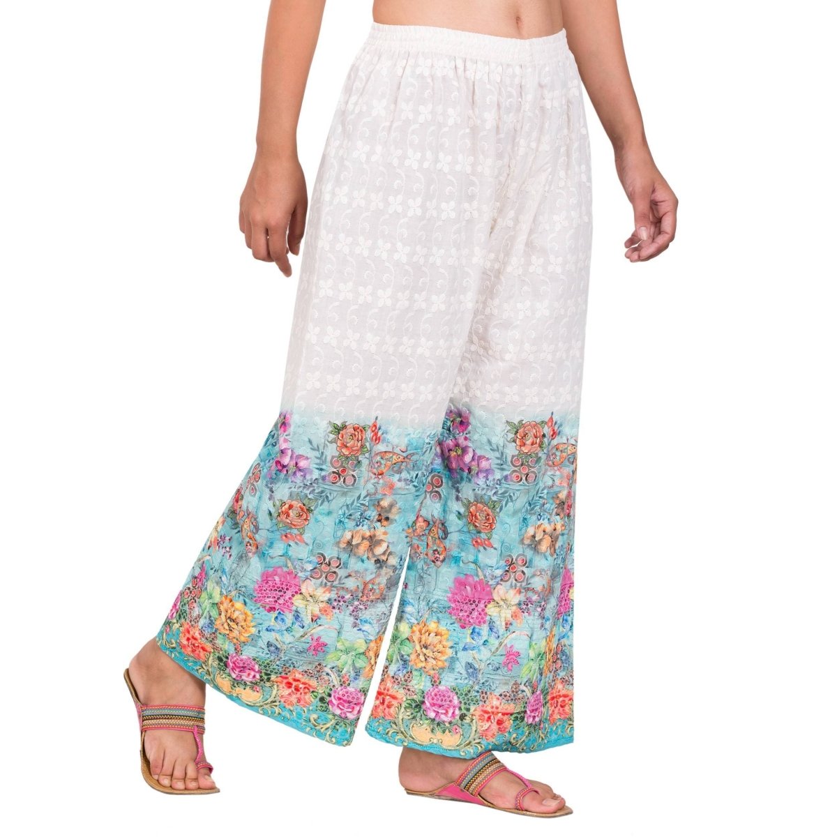 Asmaani Aqua Blue Color Digital Print With Full of Chicken Work Palazzo