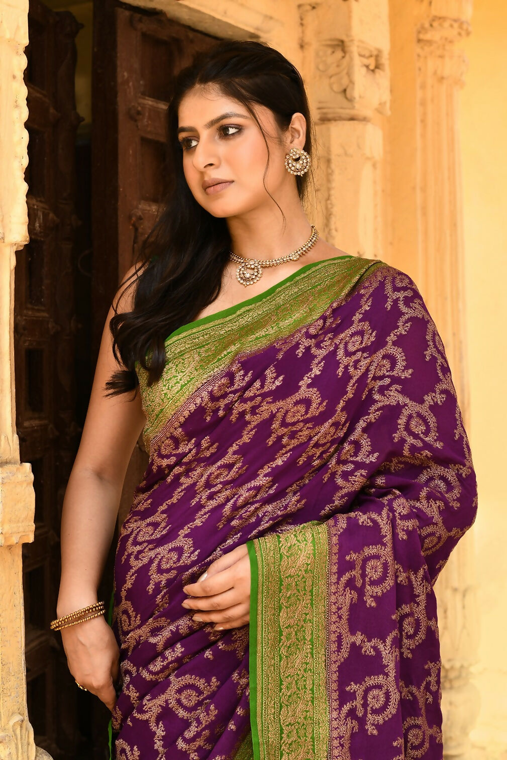 Joban Fashion Purple Crepe Chiffon Pure Handloom Banarasi Silk Saree