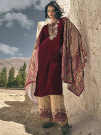 Thumbnail for Aastha Fashion Women's Maroon Velvet Embroidered Kurta with Trouser & Dupatta - Distacart
