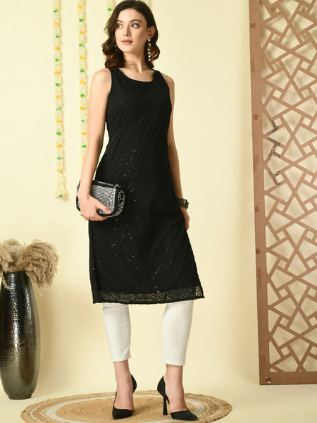 Myshka Women's Black Georgette Sleeveless Straight Party Kurta - Distacart