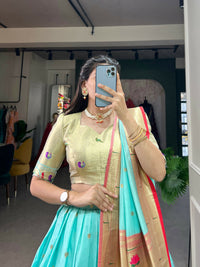 Thumbnail for Vastranavya Traditional Jacquard Silk Paithani Lehenga Choli - Sky Blue