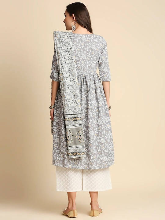 Anubhutee Grey & Red Pure Cotton Floral Printed A-Line Kurta with Trousers & Dupatta - Distacart