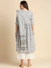 Thumbnail for Anubhutee Grey & Red Pure Cotton Floral Printed A-Line Kurta with Trousers & Dupatta - Distacart