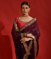 Thumbnail for Aastha Fashion Wine Soft Georgette sequins embroidery work with lace border Saree
