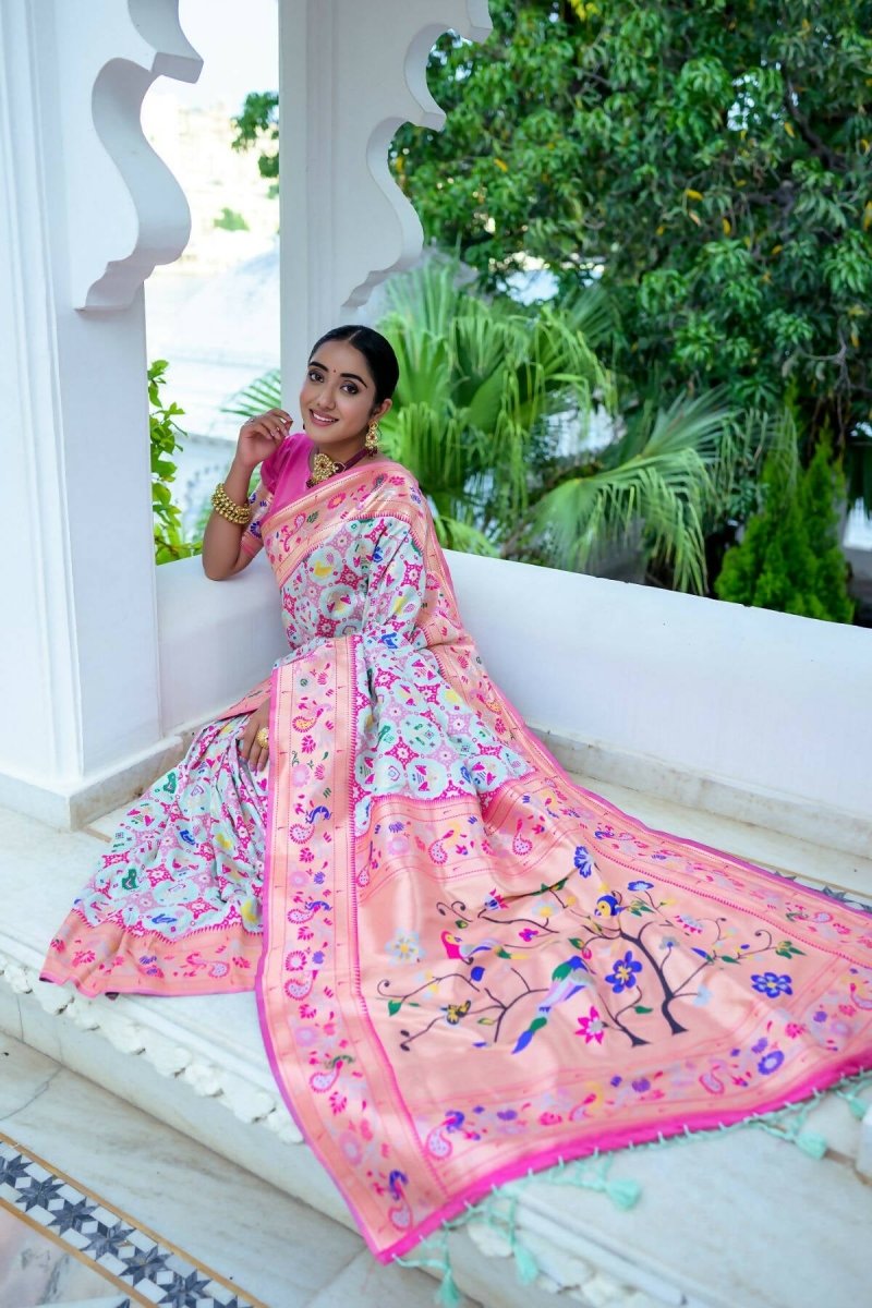 Aastha Fashion Aqua Blue Woven Paithani Silk Saree with Blouse - Distacart