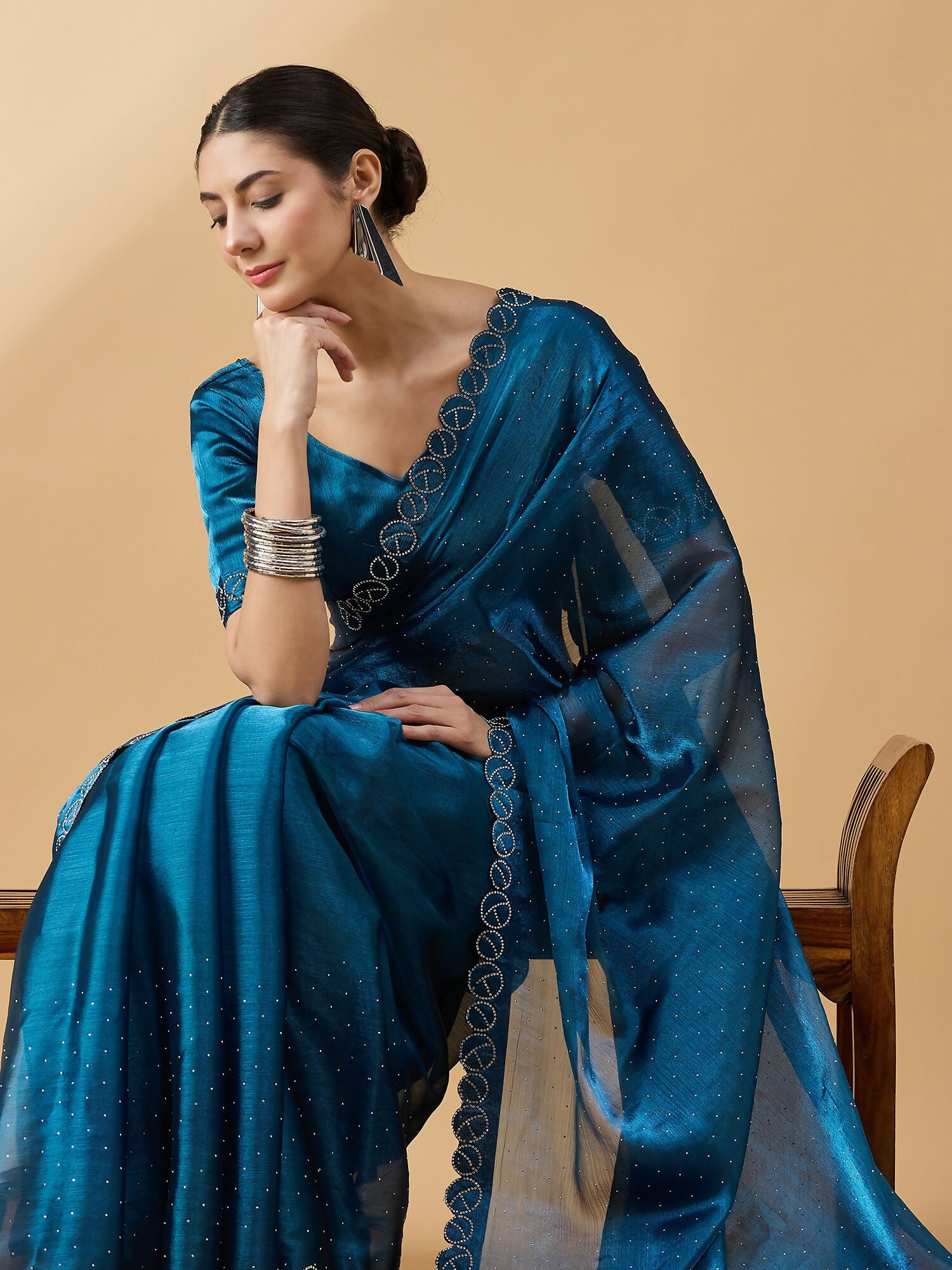 Teal Organza Swaroski Diamond Work Saree with Unstitched Blouse - Radha - Distacart