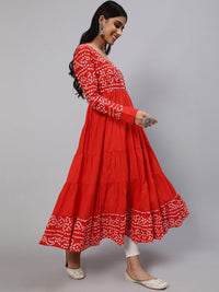 Thumbnail for Aks Bandhani Yoke Design Long Sleeves Cotton Anarkali Kurta - Distacart