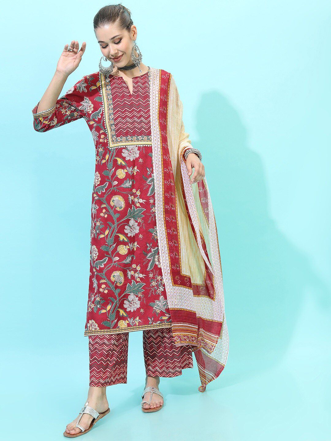 Vishudh Women Yoke Design Pure Cotton Kurta with Trouser & Dupatta - Distacart