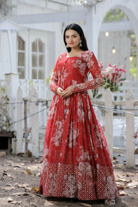Thumbnail for Jyoti Fashion Women's Red Sequence Zari Embroidered Faux Georgette Anarkali Dress - Distacart
