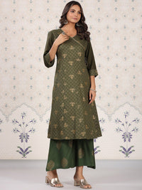 Thumbnail for Ode by House of Pataudi Olive Green & Gold Printed V Neck Angrakha Kurta With Palazzos