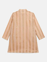 Thumbnail for Ahalyaa Beige Chanderi Gold Foil Print Kids Kurta Churidar Set For Boys - Distacart