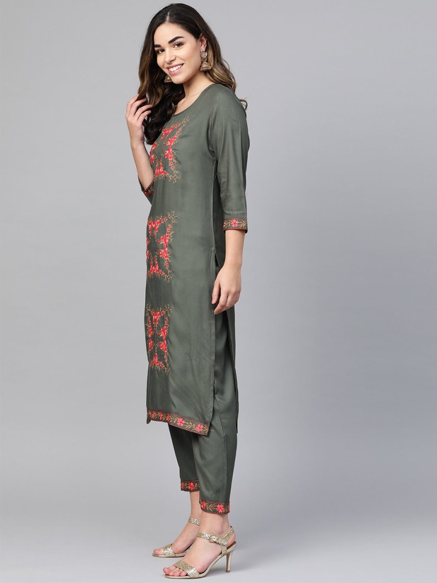 Anubhutee Women Charcoal Grey & Pink Embroidered Kurta with Trousers - Distacart