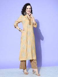 Thumbnail for All About You Beige Floral Printed Regular Gotta Patti Liva Kurta With Palazzos - Distacart