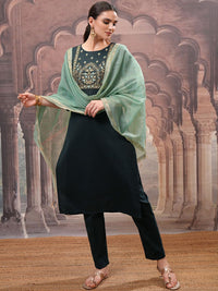 Thumbnail for Vishudh Green Embroidered Straight Kurta with Trouser & Dupatta