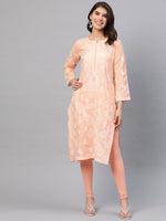 Thumbnail for ADA Women Peach-Coloured & White Chikankari Embroidered Straight Sustainable Kurta - Distacart