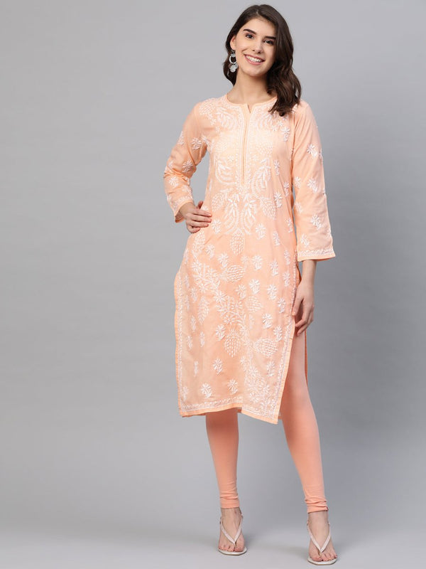 ADA Women Peach-Coloured & White Chikankari Embroidered Straight Sustainable Kurta - Distacart