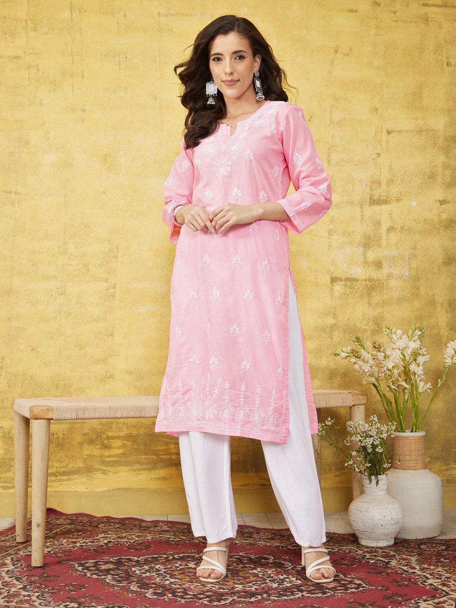 ADA Women Pink & White Chikankari Embroidered Straight Sustainable Handloom Kurta - Distacart