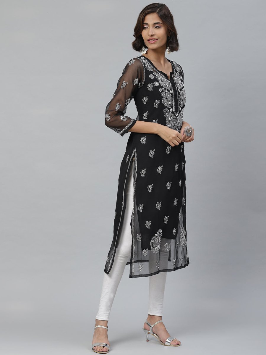 ADA Women Black & White Paisley Chikankari Embroidered Straight Handloom Kurta - Distacart