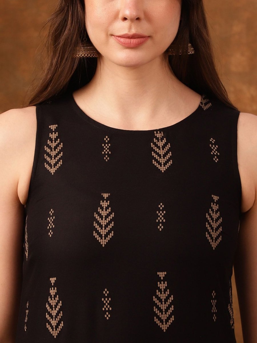 Anouk Black Ethnic Motifs Printed Sleeveless Straight Kurta