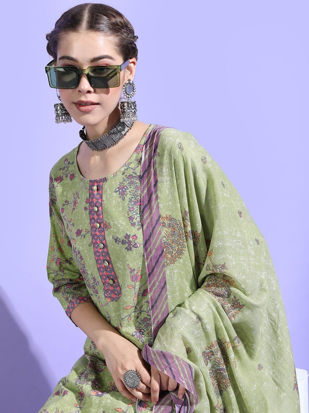 Vishudh Women Green Floral Pure Cotton Kurta with Trouser & Dupatta - Distacart