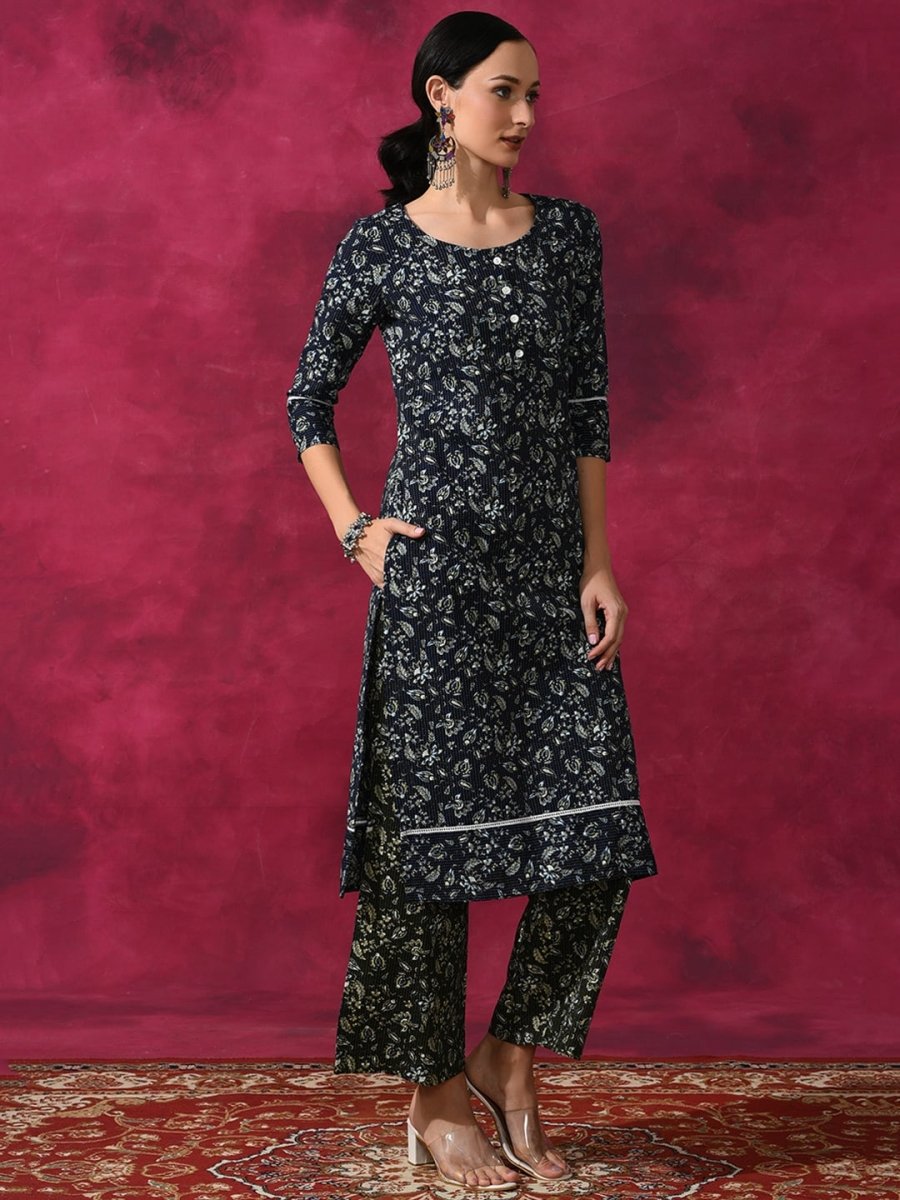 Aks Floral Printed Round Neck Kantha Work Detailed Pure Cotton Kurta with Palazzos - Distacart