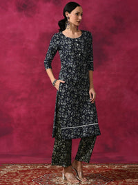 Thumbnail for Aks Floral Printed Round Neck Kantha Work Detailed Pure Cotton Kurta with Palazzos - Distacart