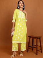 Thumbnail for Vishudh Yellow Floral Embroidered Straight Kurta with Palazzos - Distacart