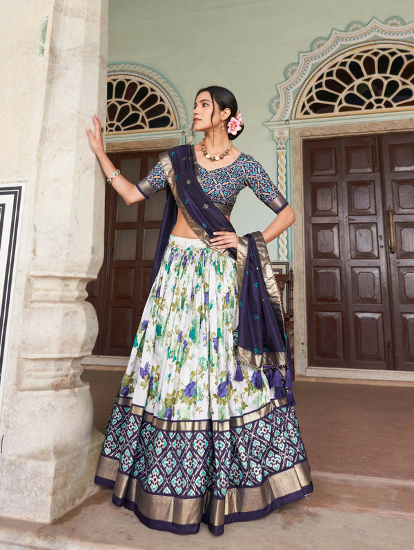 Vastranavya Exquisite Tussar Silk Lehenga Set With Perfect Floral And Patola Print Design Lehenga Choli - Navy Blue - Distacart