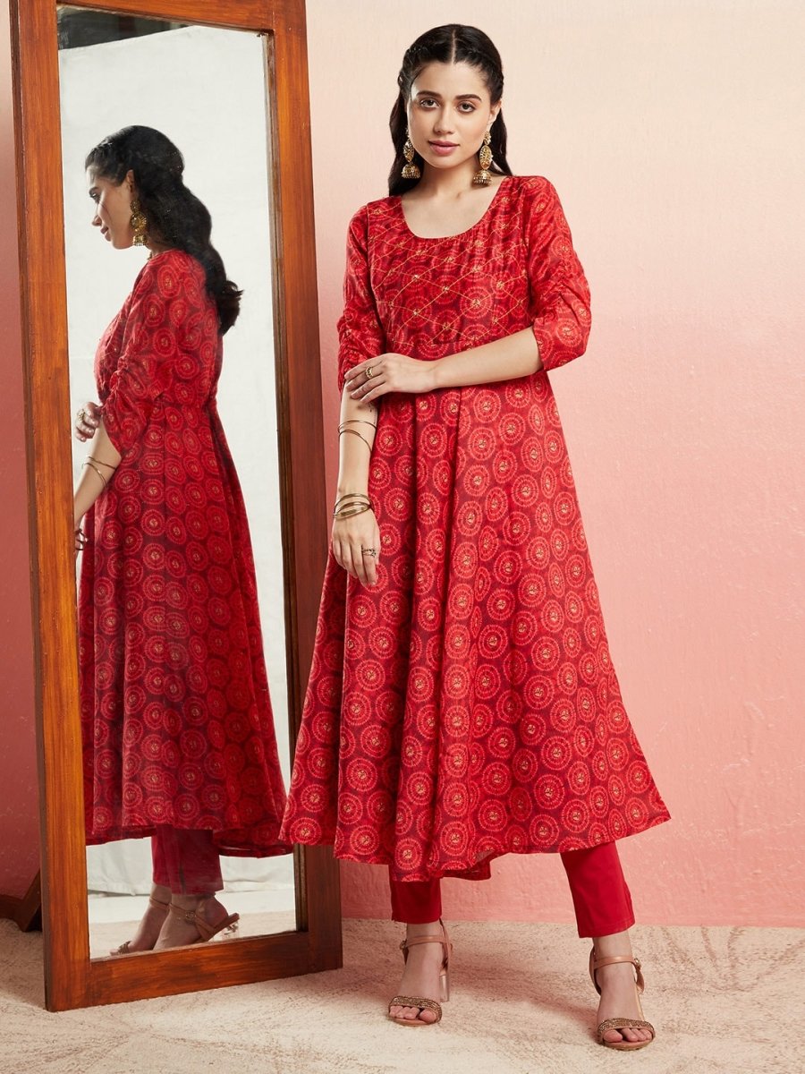 Aks Ethnic Motifs Printed Sequined Detailed Chanderi Silk Anarkali Kurta - Distacart