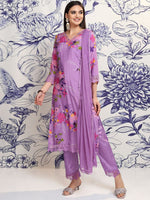 Thumbnail for Vishudh Purple Floral Printed Regular Kurta with Trousers & With Dupatta - Distacart