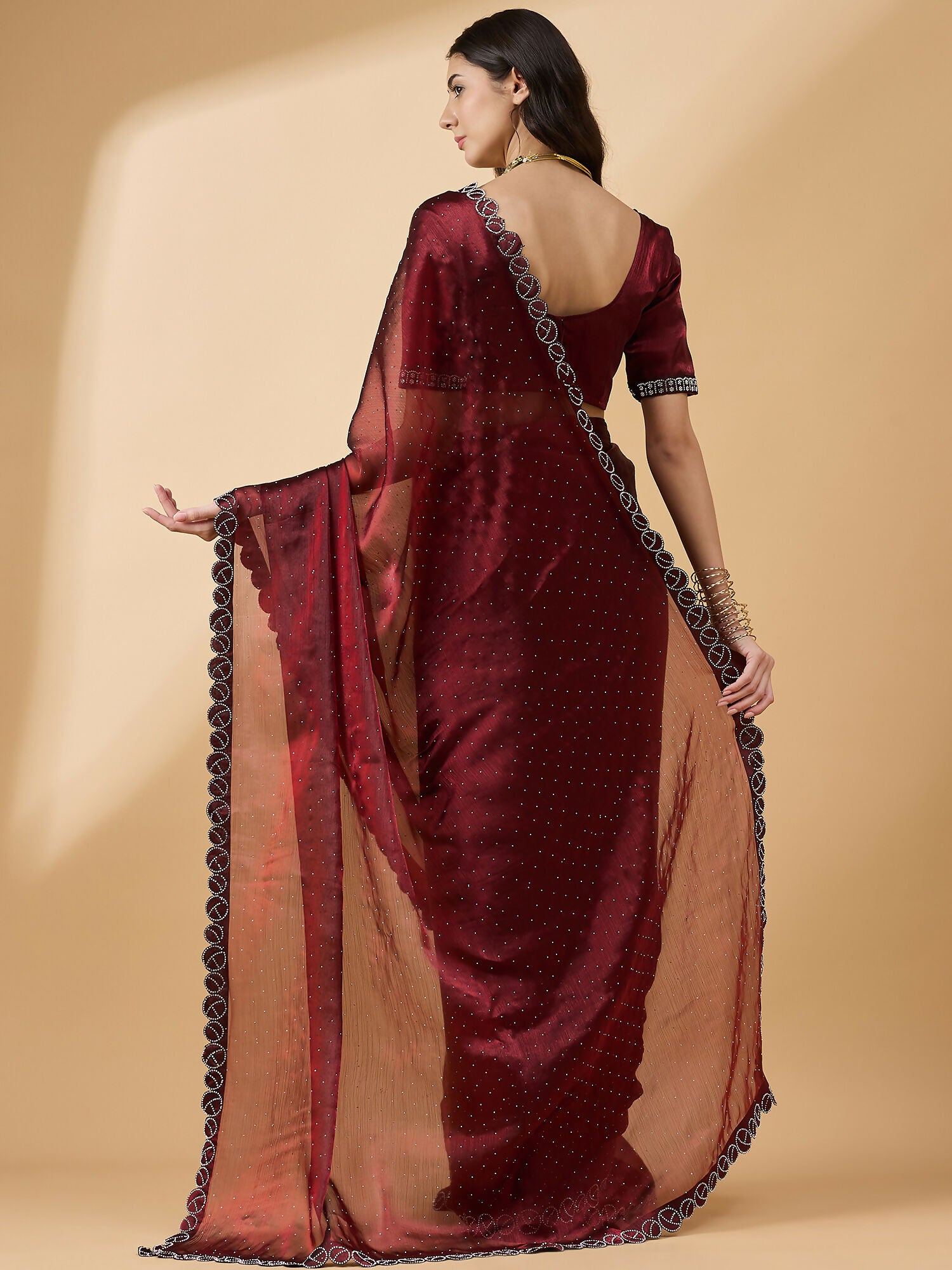 Brown Organza Swaroski Diamond Work Saree with Unstitched Blouse - Radha - Distacart