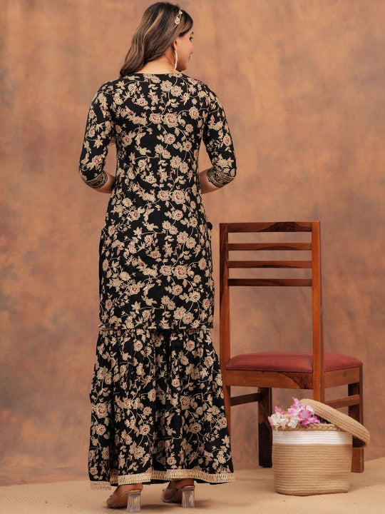 Floral Printed Gotta Patti Straight Kurta with Sharara & Dupatta (Black) - Rasiya