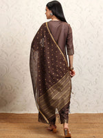 Thumbnail for Vishudh Brown Ethnic Motifs Printed Keyhole Neck Straight Kurta With Palazzos & Dupatta - Distacart